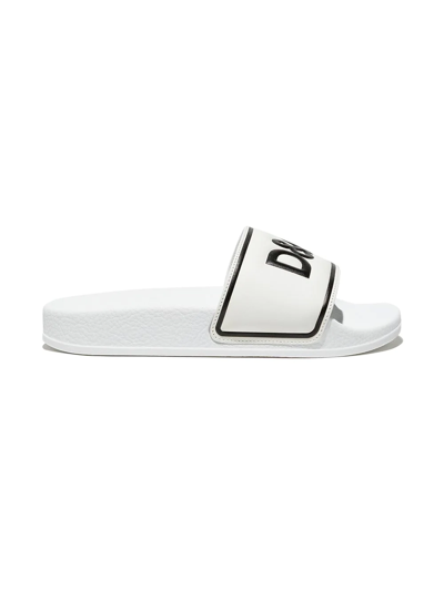 Dolce & Gabbana Kids' Logo-print Leather Slides In White