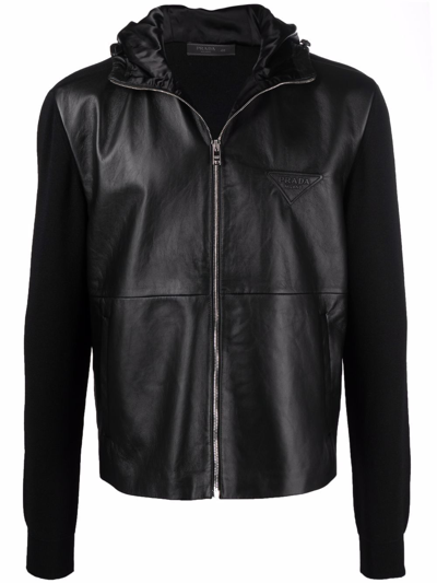 Prada Leather-panel Hooded Jacket In Black