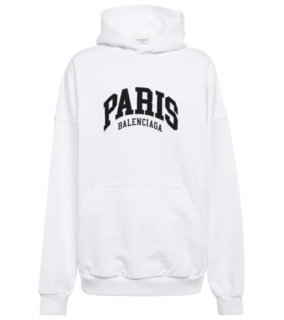 Balenciaga Paris-embroidered Cotton-jersey Hooded Sweatshirt In White Black