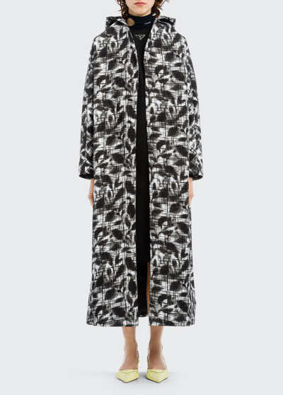 Prada Flower-print Oversized Coat W/ Detachable Hood In White/black
