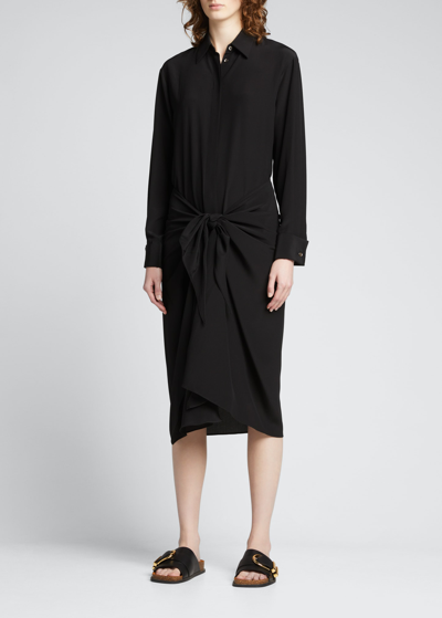 Michael Kors Draped Tie-waist Silk Midi Shirtdress In Black