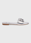 Fendi Laminated Leather Signature Slides In Silver