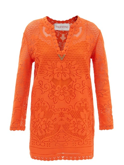 Valentino Peonies V-logo Cotton-blend Lace Dress In Orange