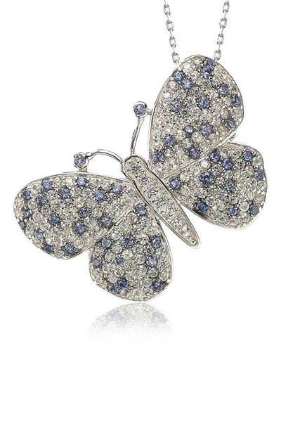 Suzy Levian Sterling Silver Pave Cz Butterfly Pendant Necklace In Blue