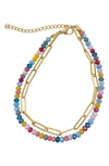 ADORNIA 14K YELLOW GOLD PLATED MULTICOLOR BEADED PAPERCLIP CHAIN LAYERED BRACELET