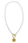 ADORNIA SPRING 2022 14K YELLOW GOLD VERMEIL 5.5-6MM IMITATION PEARL AND COIN TOGGLE NECKLACE