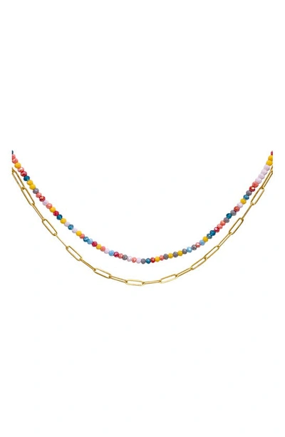 Adornia Spring 2022 14k Yellow Gold Vermeil Multi Color Bead And Paper Clip Necklace In Pink