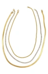 ADORNIA WATER RESISTANT 14K YELLOW GOLD PLATED HERRINGBONE, ROPE, & TENNIS CHAIN NECKLACE SET