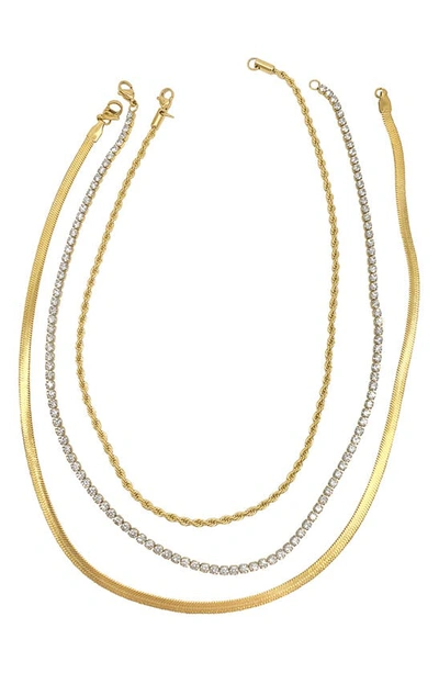 Adornia Water Resistant 14k Yellow Gold Plated Herringbone, Rope, & Tennis Chain Necklace Set