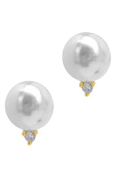 Adornia 14k Gold Plated Imitation Pearl & Cz Stud Earrings In White