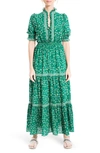 Max Studio Ruffle Collar Print Tiered Maxi Dress In Green Wispy Floral Stem