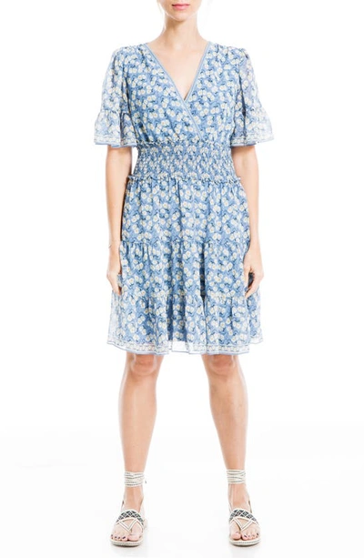 Max Studio Georgette Ditsy Floral Print Tiered Dress In Denim Bell Flower