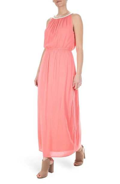 Nina Leonard Braided Neck Sleeveless Maxi Dress In Sugar Coral