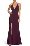 Dress The Population Iris Slit Crepe Gown In Plum