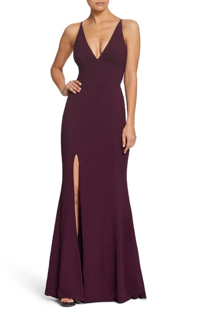 Dress The Population Iris Slit Crepe Gown In Plum