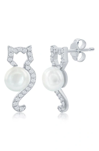 Simona Sterling Silver Cat & Round Pave Cz & 5.5-6mm Cultured Freshwater Pearl Earrings