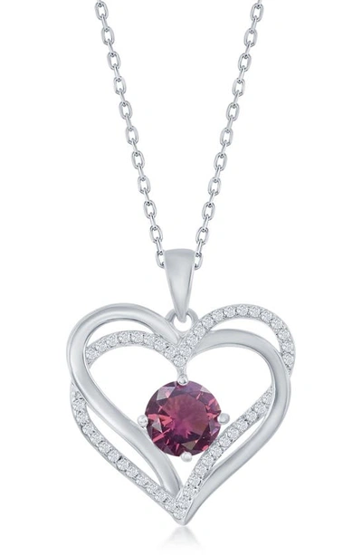 Simona Sterling Silver Cz Heart Pendant Necklace In Purple