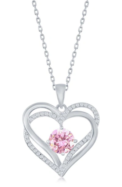 Simona Sterling Silver Cz Heart Pendant Necklace In Pink