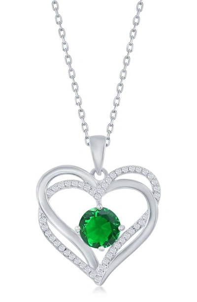 Simona Sterling Silver Cz Heart Pendant Necklace In Emerald