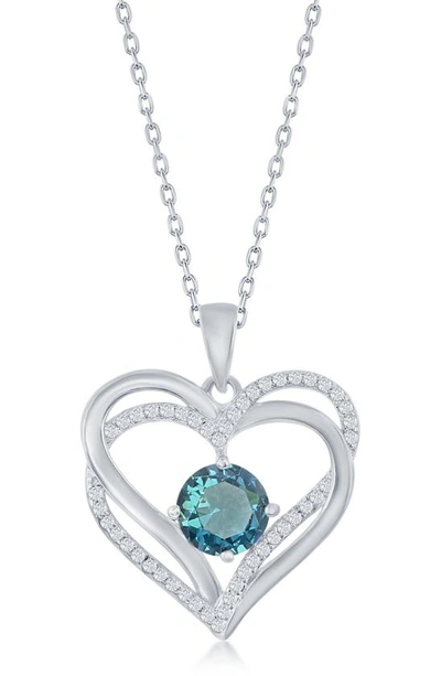 Simona Sterling Silver Cz Heart Pendant Necklace In Blue