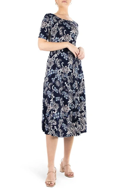 Nina Leonard Sylvia Stretch Crepe Midi Dress In Navy Multi