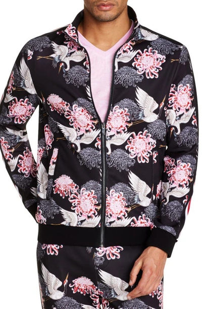 Tallia Floral Print Front Zip Track Jacket In Black/ Pink