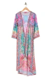 Ranee's Bright Printed Pink Blooms Flare Sleeve Cover-up Duster