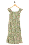 Maisie Flutter Sleeve Midi Dress In Sage/ Pink