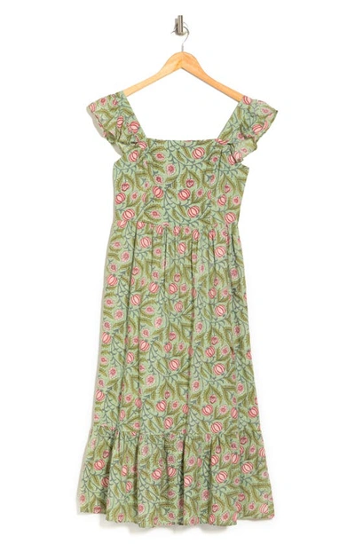 Maisie Flutter Sleeve Midi Dress In Sage/ Pink