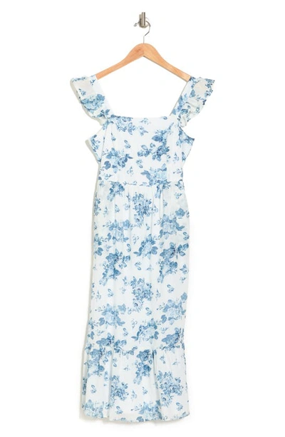 Maisie Flutter Sleeve Midi Dress In Blue Floral