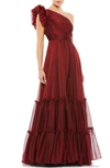 Mac Duggal Ruffled One Shoulder Tiered Chiffon Gown In Wine