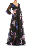 Mac Duggal Floral Print Pleated Wrap Over Illusion Long Sleeve Dress In Black Multi