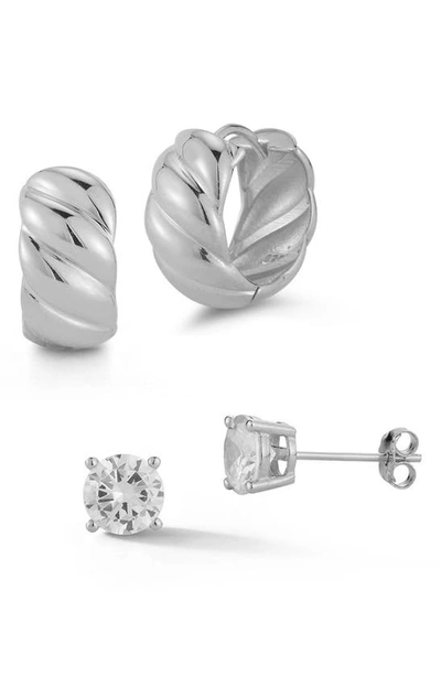 Glaze Jewelry 14k Gold Vermeil 2-piece Cz Stud & Huggie Hoop Earring Set In Silver