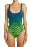 Off-white Logo Arrow-print Ombre One-piece Swimsuit In Green