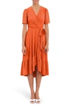 London Times Stretch Eyelet Short Sleeve Ruffle Wrap Dress In Coral