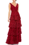 Mac Duggal Floral Applique Ruffled Tiered Sleeveless V Neck Gown In Burgundy