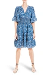 Max Studio Smocked Waist Flutter Sleeve Dress In Blue/ Ivory Scribble Daisy