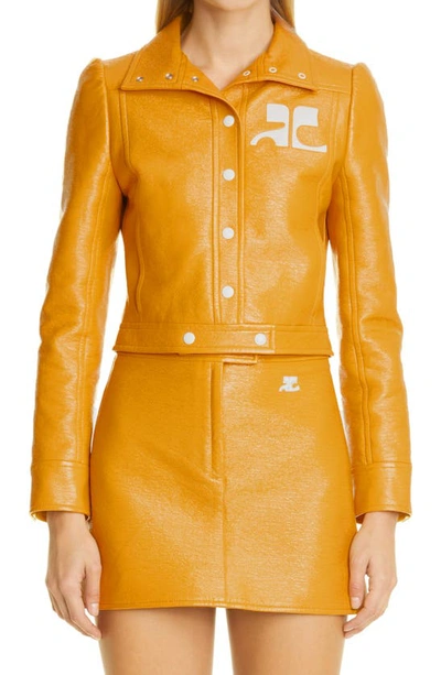Courrèges Logo Patch Coated Stretch Cotton Crop Jacket In Ochre