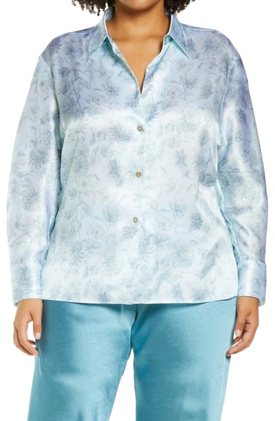 Vince Dahlia Print Sculpted Silk Button-up Shirt In Blue