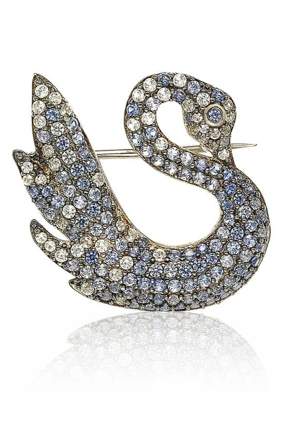 Suzy Levian Sterling Silver Pave Cz Swan Pin In Blue