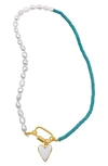 Adornia Turquoise And Freshwater Pearl Lock And Heart Pendant Necklace In Blue