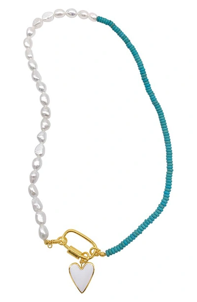 Adornia Turquoise And Freshwater Pearl Lock And Heart Pendant Necklace In Blue