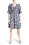 Max Studio Smocked Waist Flutter Sleeve Dress In Navy/ Rose Mixed Floral Bunch
