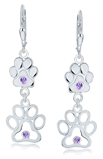 Bling Jewelry Pet Lover Sterling Silver Cz Paw Print Double Drop Earrings In Purple