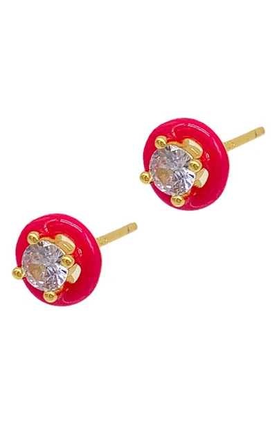 Adornia Pink Enamel Halo Studs Earrings In Gold