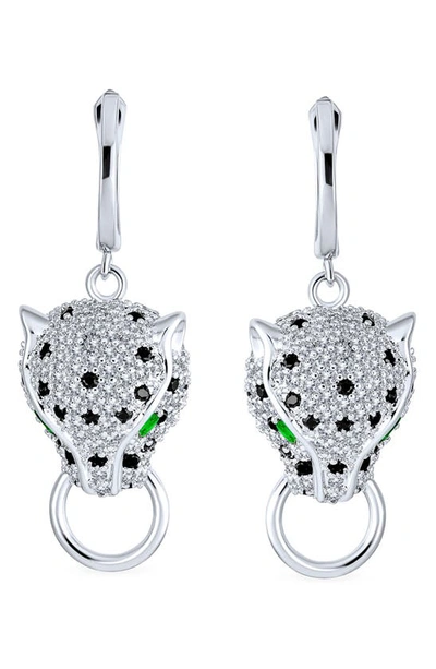 Bling Jewelry Sterling Silver Cz Pave Panther Drop Earrings In Green