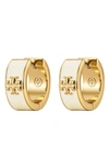 Tory Burch Kira Color Logo Huggie Hoop Earrings In 18k Gold Plated In White/gold