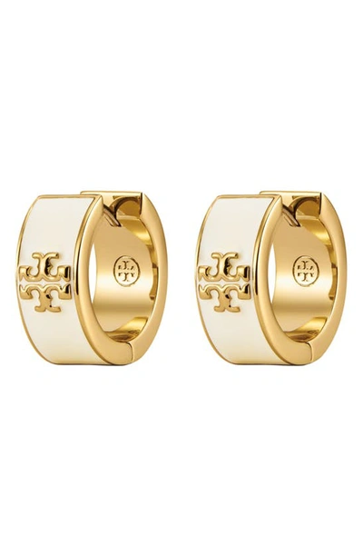 Tory Burch Kira Color Logo Huggie Hoop Earrings In 18k Gold Plated In Tory Gold / New Ivory