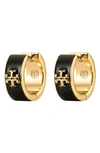 Tory Burch Women's Kira 18k-gold-plated & Enamel Logo Huggie Hoop Earrings In Gold Black