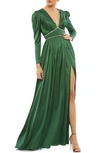 Mac Duggal Ieena Satin Embellished Empire Gown In Emerald